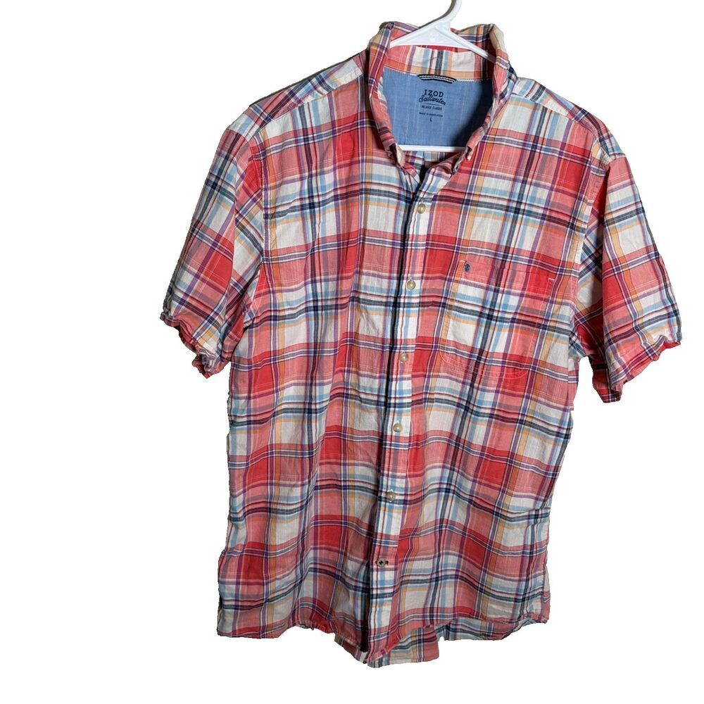 Izod Saltwater Shirt Men's Large Colorful Plaid Short Sleeve Button Up Collared